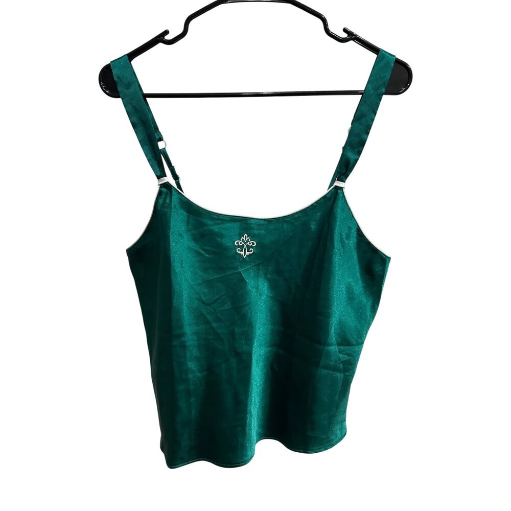 Kathryn Green Satin Embroidered Adjustable Square Neck Tank Top Size Large